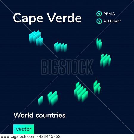 Stylized Isometric Neon Striped Vector Cape Verde Map With 3d Effect. Map Of Cape Verde Is In Green 