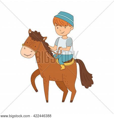 Little Boy Riding On Horse Back Holding Leading Reins Vector Illustration