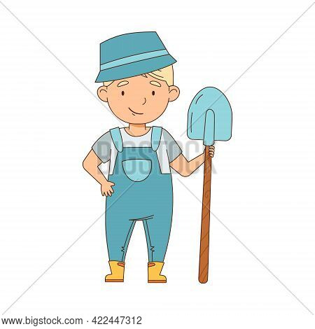 Little Boy In Overall Standing With Shovel As Farm Worker Vector Illustration