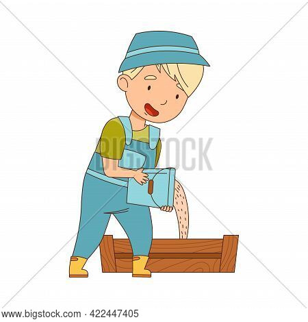 Little Boy In Overall Pouring Fodder In Wooden Crate Vector Illustration