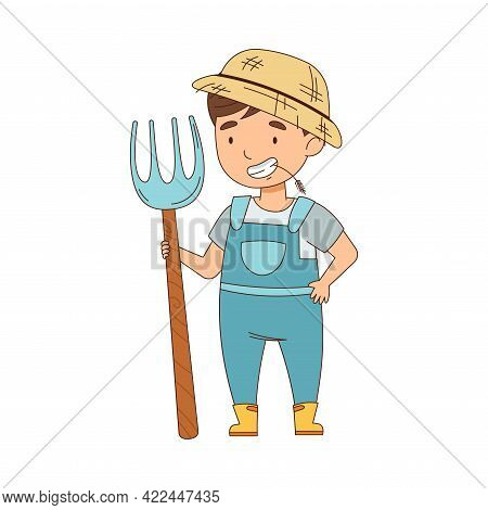 Little Boy As Farm Worker In Overall And Straw Hat Standing With Pitchfork And Chewing Grass Vector 