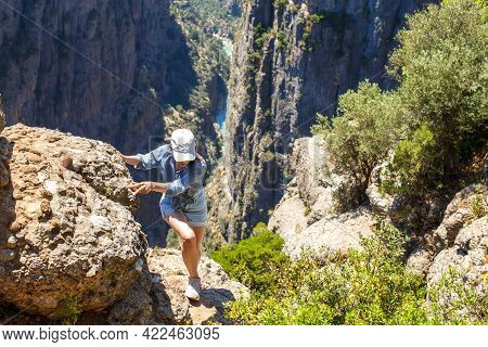 Tazi Canyon Landscape In Manavgat Turkey. Happy Girl On The Steep Slope. Valley And Cliff