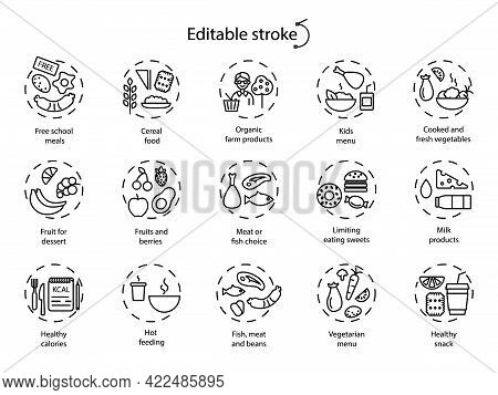 School Meal Concept Outline Icons Set. Customizable Linear Contour Symbols Collection. Editable Stro