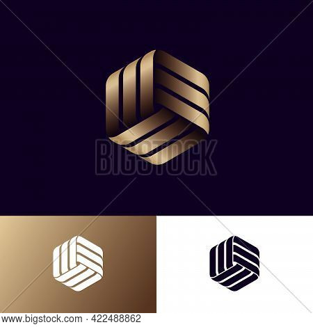 Abstract Logo. Three Golden Ribbons, Intertwined Elements, Infinity, Looping, Rotation, Solid Figure