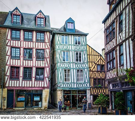 Rouen, France, Oct 2020, Place Du Lieutenant Auber A Cobblestoned Square With Medieval Half-timbered