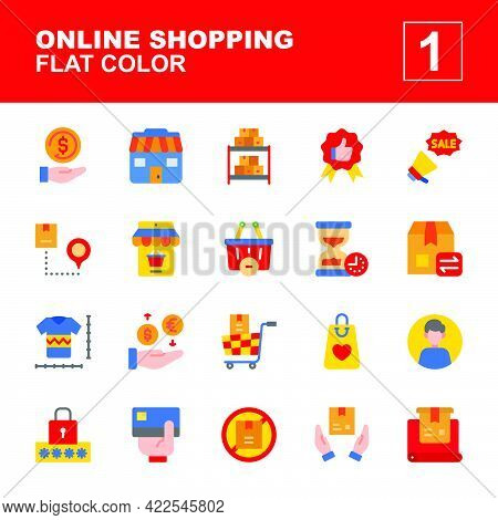Icon Set Of Online Shopping. Flat Color Icons Vector. Contains Such Of Cashback, Store, Stock Produc