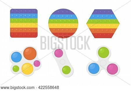 Vector Set Of Popular Pop It Fidgets In Rainbow Colors And Simple Dimple Hand Toy. Antistress, Relax