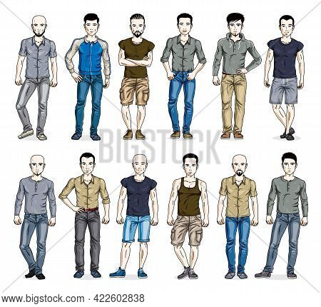 Men In Casual Wear Vector Illustrations Big Set Isolated On White Background, Attractive And Handsom
