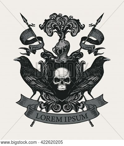 Vector Coat Of Arms With Black Ravens, Flags, Ribbon, Knightly Helmet And Shield With Ominous Human 