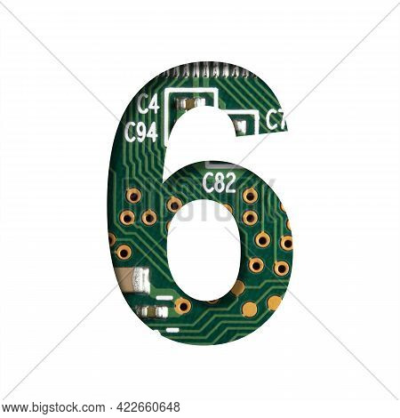 Digital Technology Font. Digit Six, 6 Cut Out Of White On The Printed Digital Circuit Board With Mic