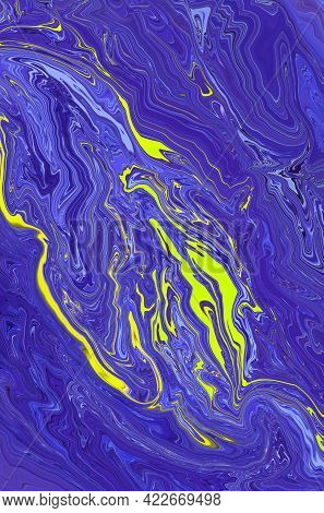Abstract Bright Fluid Blue Background With Yellow Green Waves. Art Trippy Digital Backdrop. Curved S