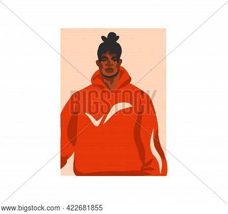 Hand Drawn Vector Flat Abstract Stock Graphic Illustration With Young Happy, In Summer Outfit, Afric