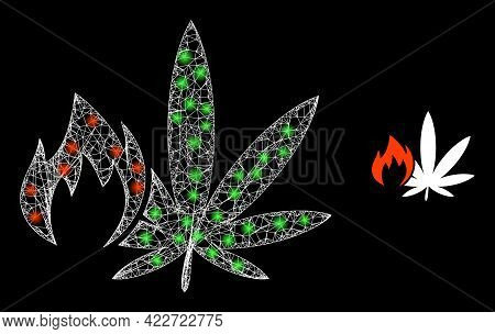 Glossy Web Hot Cannabis With Glowing Spots. Wire Carcass 2d Network Generated With Crossed White Lin