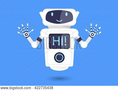 Cute Smiling White Robot Saying Hi On Blue Background. Chatbot Icon. Friendly Chat Bot Saying Hi On 