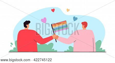 Back View Of Men Holding Lgbt Flag Flat Vector Illustration. Gay Couple Holding Each Others Hands Is