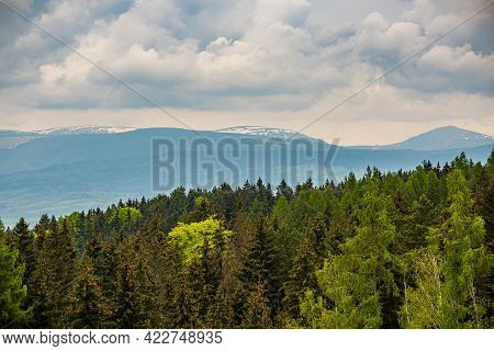 Landscape View Of Village Borovnicka To Krkonose Mountain In Czech Republic With The Rest Of The Sno