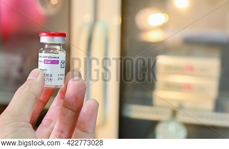 Thailand - June 5 , 2021 Close Up Of Astrazeneca Vaccine Vials Bottles For Can Help Stop Pandemic , 