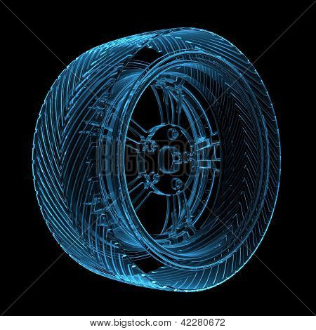 3D rendered blue transparent glowing car tire