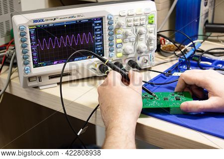 Belarus, Novopolotsk - 30 May, 2021: Graphs Of The Rigol Oscilloscope Close Up