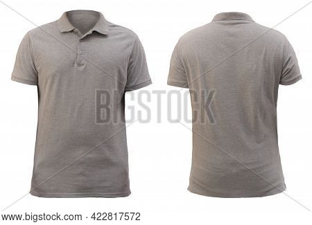 Blank Collared Shirt Mock Up Template, Front And Back View, Plain Grey T-shirt Isolated On White. Po