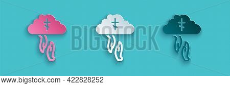 Paper Cut Gods Helping Hand Icon Isolated On Blue Background. Religion, Bible, Christianity Concept.