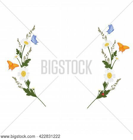 Daisy Wreath Vector Stock Illustration. A Vignette Of Meadow Flowers. Spring Template For An Invitat