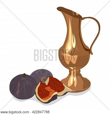 Copper Jug With Dates Vector Stock Illustration. Oriental Brass Arabic Pot. Indian Ceramics. Breakfa