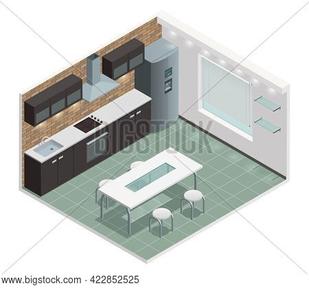 Modern Family Kitchen Isometric View With Counter Built In Oven And European Style Cabinets Vector I