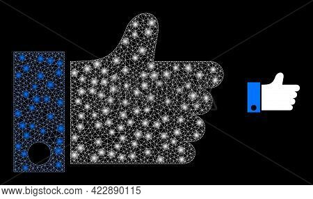 Flare Mesh Thumb Up With Light Spots. Vector Carcass Created From Thumb Up Icon. Flare Frame Mesh Th