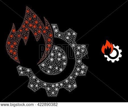 Sparkle Net Hot Gear With Glowing Spots. Vector Model Based On Hot Gear Icon. Sparkle Carcass Polygo