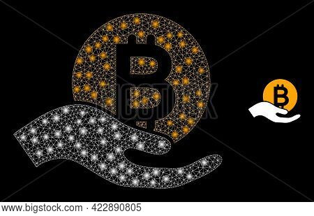 Glowing Net Bitcoiin Donation Hand With Glowing Spots. Vector Frame Created From Bitcoiin Donation H