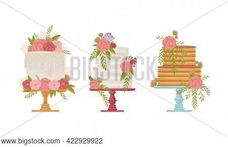 Creamy Tier Cake Decorated With Flowers And Twigs Standing On Pedestal Cake Plate Vector Set