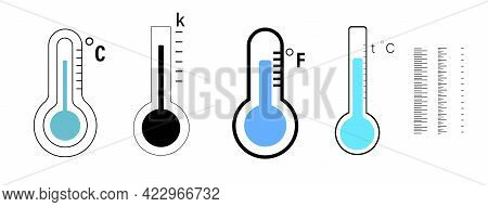 A Set Of Thermometers. Simple Icons. Instrument For Measuring Temperature. Air Heating Level Indicat