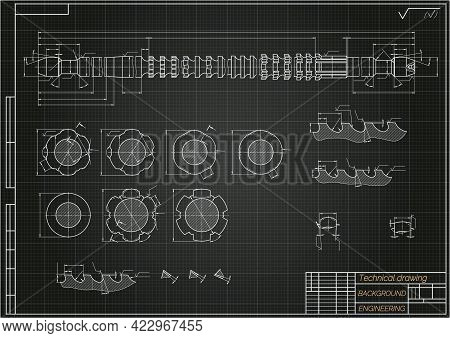 Mechanical Engineering Drawings On Blue Background. Broach. Technical Design. Cover. Blueprint. Vect