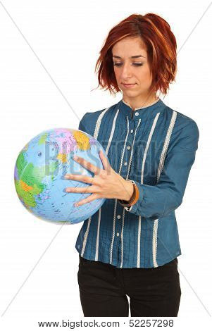 Woman Looking On World Globe