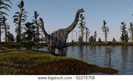 brachiosaurus in lake water near the shore