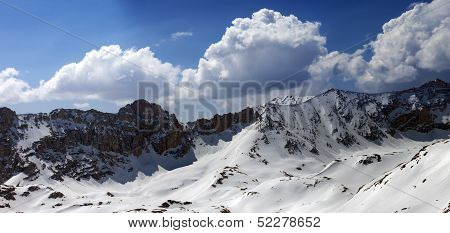 Panorama Of Snowy Mountains In Sun Day