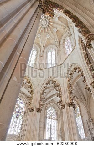 Batalha, Portugal - March 03, 2013: Batalha Monastery. Gothic style columns and ornate ceiling in the  Capela do Fundador - Founders Chapel. Portugal. UNESCO World Heritage Site.