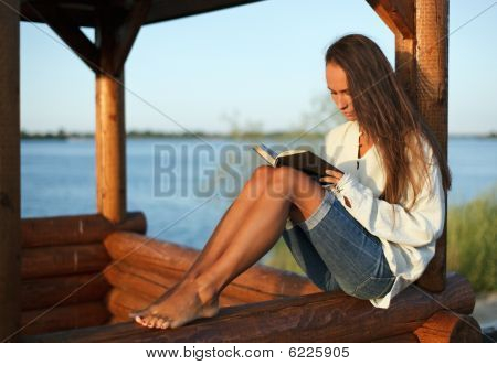 Giovane donna lettura libro In Summerhouse sul tramonto