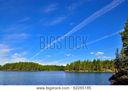 Karelian Landscape And The Trace Of The Plane