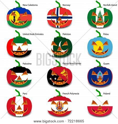 Set pumpkins for Halloween as a flags of the world. Vector illus