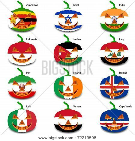 Set pumpkins for Halloween as a flags of the world. Vector illus