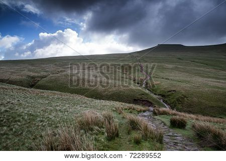Beautiful Landscape Of Brecon Beacons National Park With Moody Sky