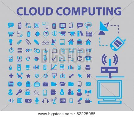 cloud, computing, devices, gadgets, pc, internet, icons, signs, illustrations set, vector