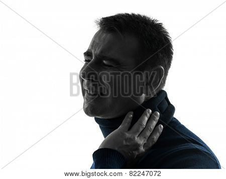 one  man with cervical collar neckache portrait in silhouette studio isolated on white background