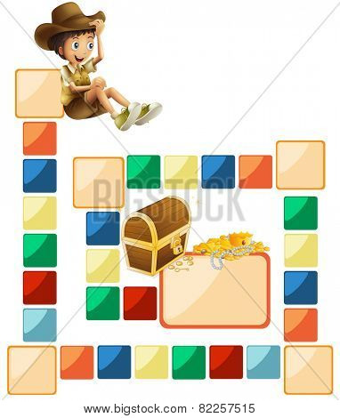 Illustration of a blank boardgame with a boy and treasure