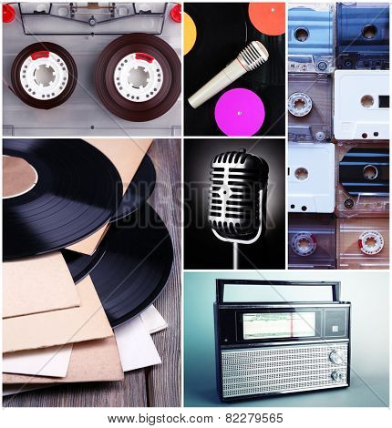 Vinyl records, audio cassettes, microphone and radio set in collage