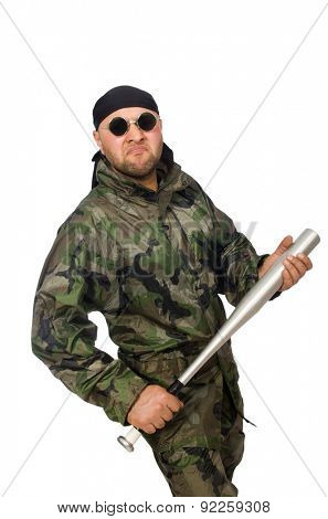 Young man in soldier uniform holding bludgeon isolated on white