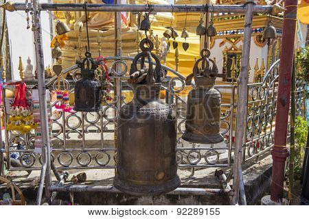 Large bronze buddhist bell at Phra Borommathat temple Tak Province ,Thailand.