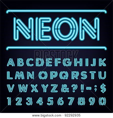 Neon Blue Light Alphabet Vector Font.